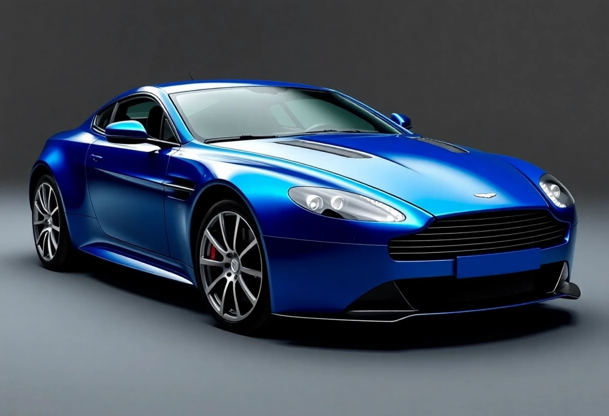 Aston Martin Vantage, voiture de sport bleue, vue de trois quarts avant